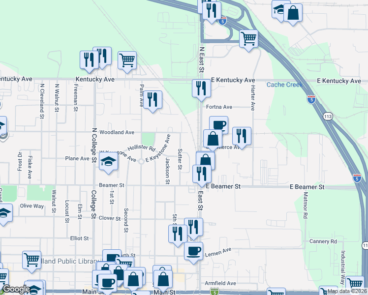 map of restaurants, bars, coffee shops, grocery stores, and more near 132 Sutter Street in Woodland
