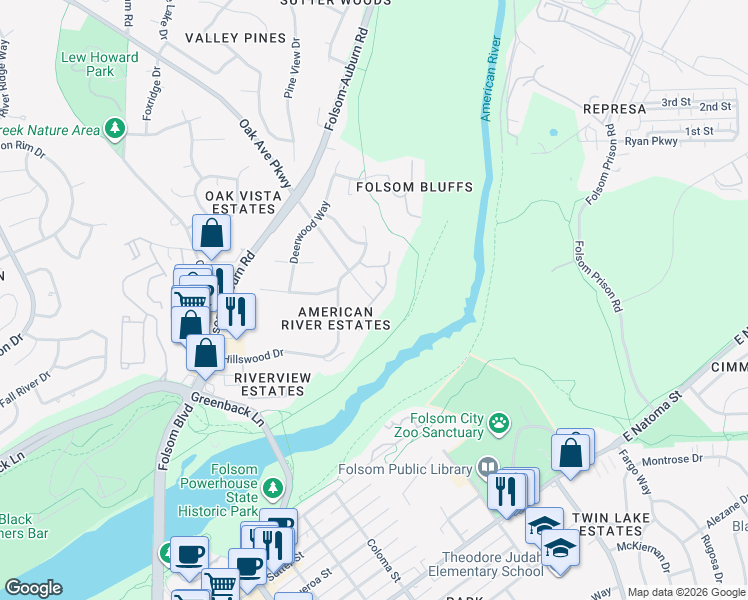 map of restaurants, bars, coffee shops, grocery stores, and more near Oak Avenue Parkway & North Grant Lane in Folsom