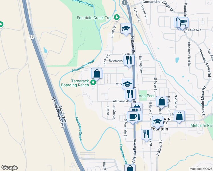 map of restaurants, bars, coffee shops, grocery stores, and more near 424 Mount View Lane in Fountain