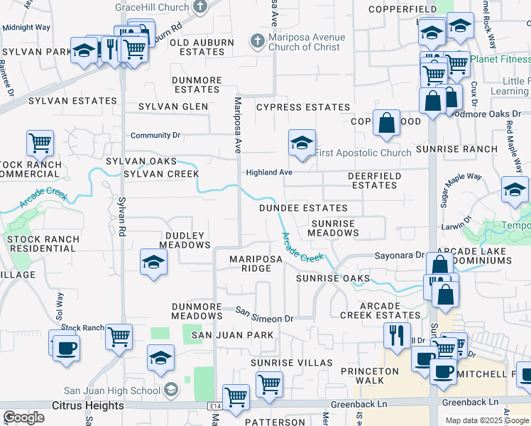 map of restaurants, bars, coffee shops, grocery stores, and more near 6701 Rinconada Drive in Citrus Heights