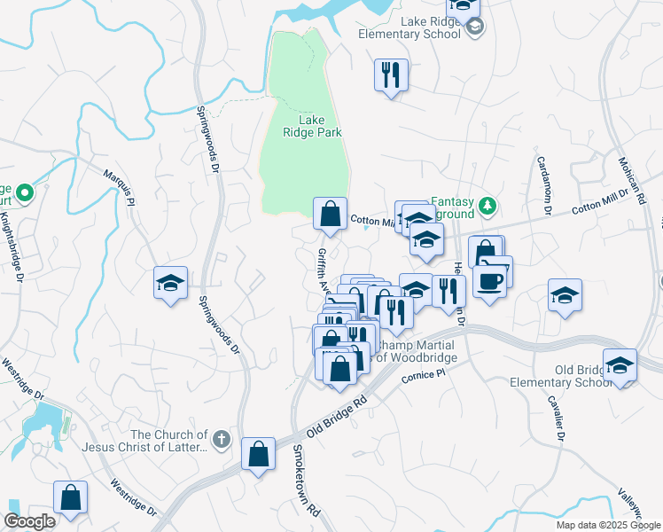map of restaurants, bars, coffee shops, grocery stores, and more near 12268 Ladymeade Court in Woodbridge