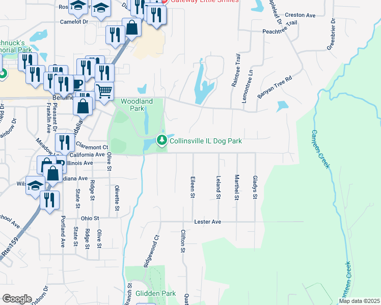 map of restaurants, bars, coffee shops, grocery stores, and more near 1031 California Avenue in Collinsville