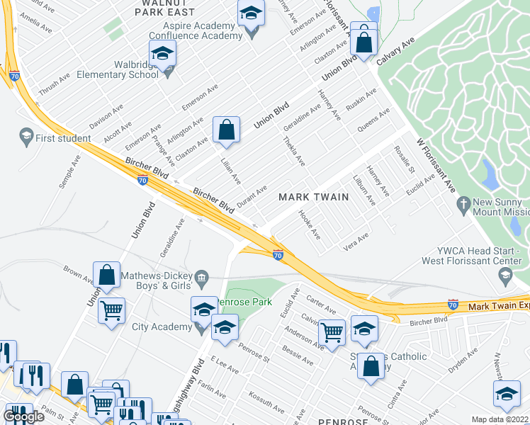 map of restaurants, bars, coffee shops, grocery stores, and more near 5000 Queens Avenue in Saint Louis