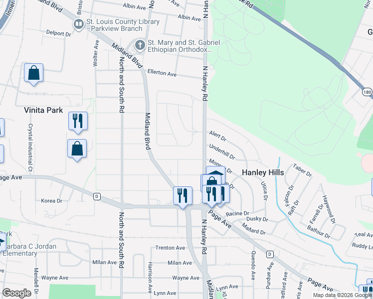 map of restaurants, bars, coffee shops, grocery stores, and more near 1901 Driftway Drive in St. Louis