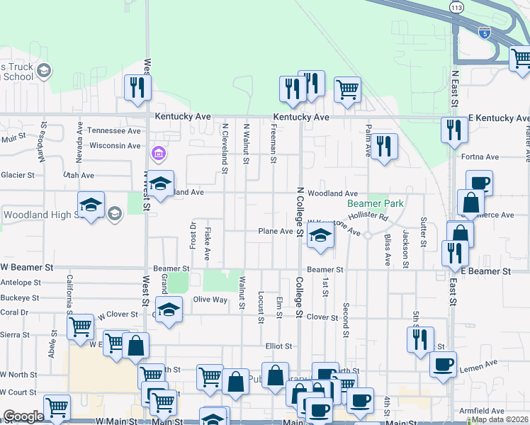 map of restaurants, bars, coffee shops, grocery stores, and more near 123 Freeman Street in Woodland