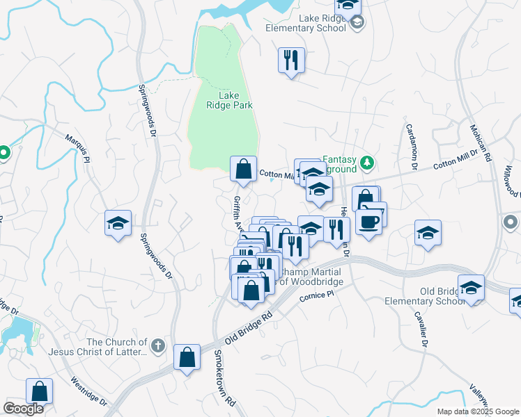 map of restaurants, bars, coffee shops, grocery stores, and more near 3630 Sherbrooke Circle in Woodbridge