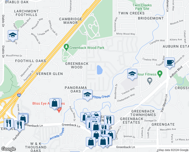map of restaurants, bars, coffee shops, grocery stores, and more near 6105 Meiggs Court in Citrus Heights