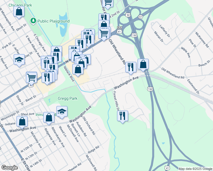 map of restaurants, bars, coffee shops, grocery stores, and more near 103 Landrey Drive in Vincennes