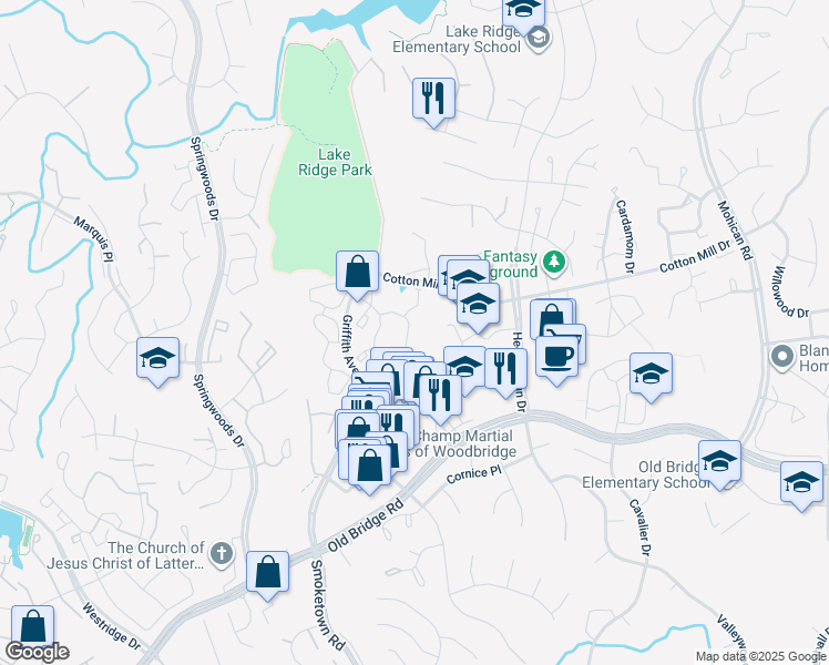 map of restaurants, bars, coffee shops, grocery stores, and more near 3575 Sherbrooke Circle in Woodbridge