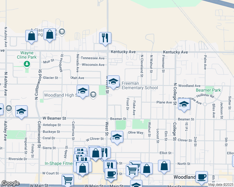 map of restaurants, bars, coffee shops, grocery stores, and more near 126 West Woodland Avenue in Woodland
