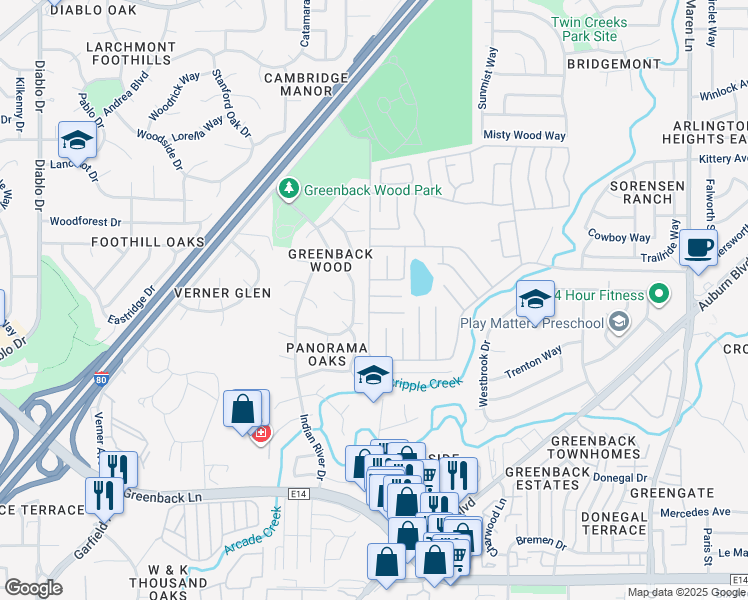 map of restaurants, bars, coffee shops, grocery stores, and more near 6718 Flaming Arrow Drive in Citrus Heights