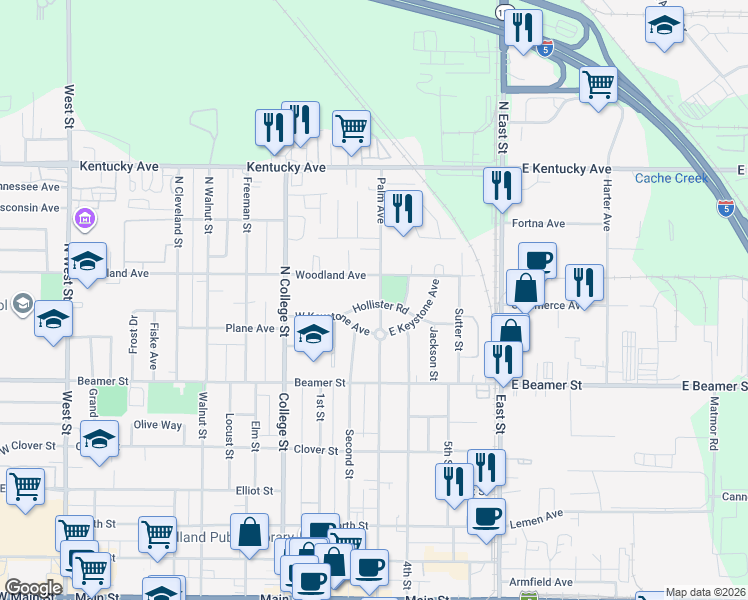 map of restaurants, bars, coffee shops, grocery stores, and more near 616 Woodland Avenue in Woodland