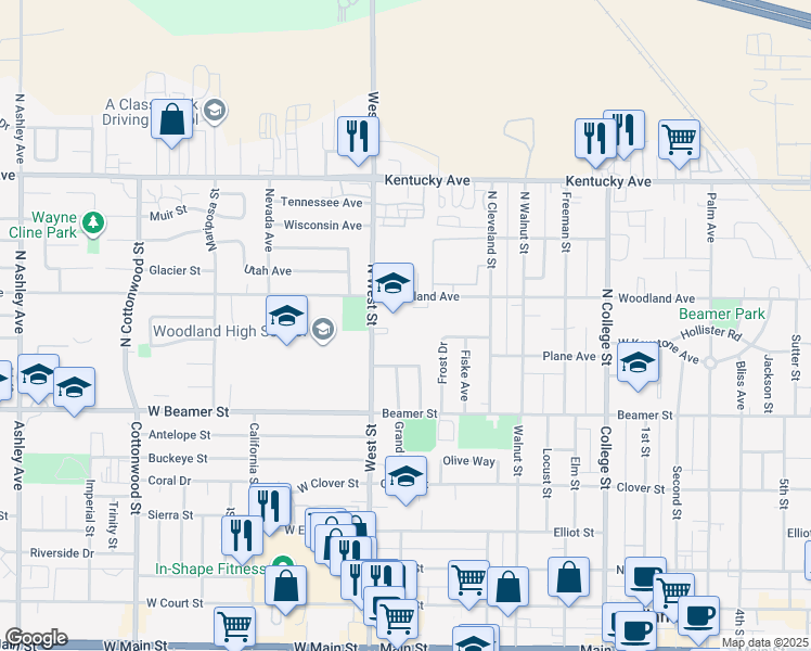 map of restaurants, bars, coffee shops, grocery stores, and more near 2b Alder Court in Woodland