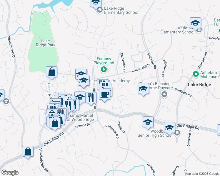 map of restaurants, bars, coffee shops, grocery stores, and more near 12229 Allspice Court in Woodbridge