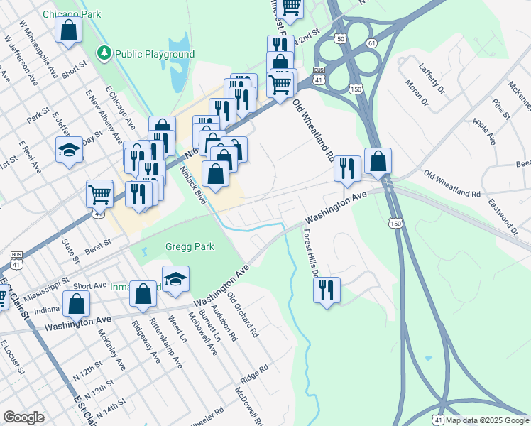 map of restaurants, bars, coffee shops, grocery stores, and more near 102 Landrey Drive in Vincennes