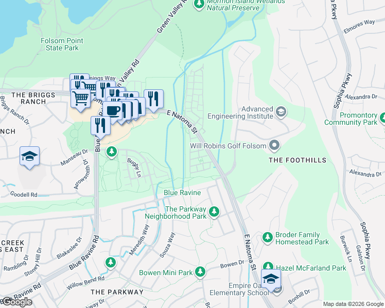map of restaurants, bars, coffee shops, grocery stores, and more near 403 Cezanne Lane in Folsom