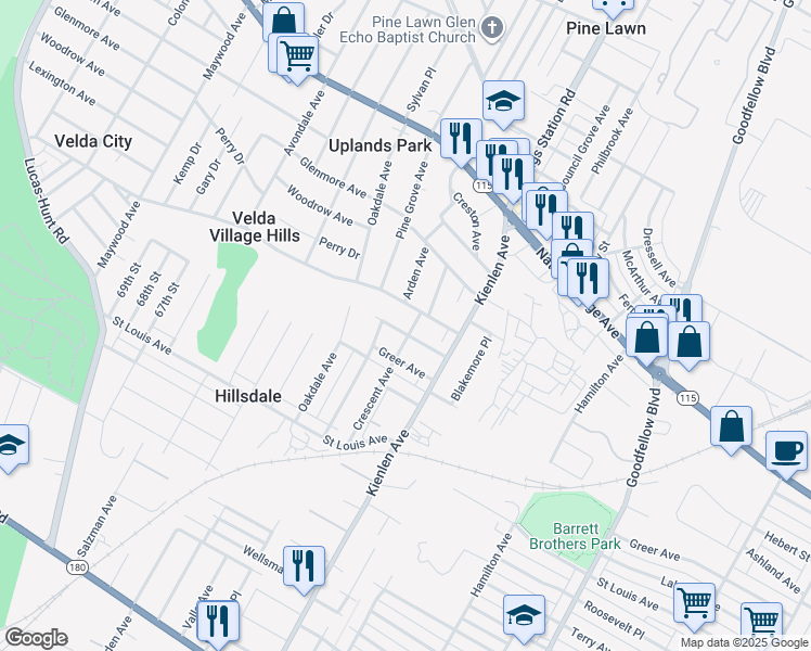 map of restaurants, bars, coffee shops, grocery stores, and more near 6229 Lorraine Avenue in St. Louis