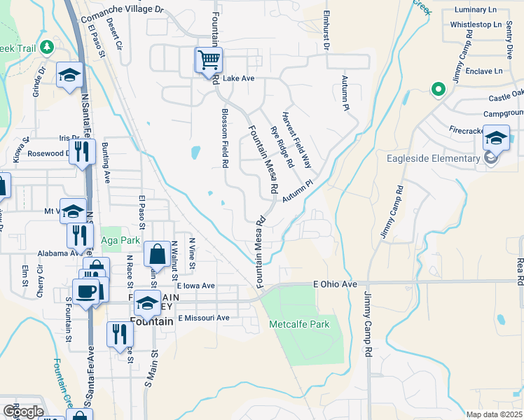 map of restaurants, bars, coffee shops, grocery stores, and more near 515 Fountain Mesa Road in Fountain