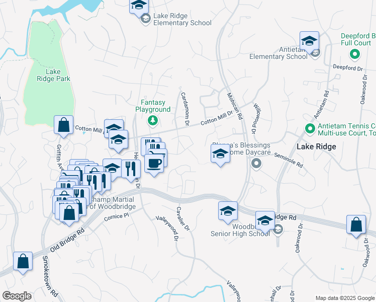 map of restaurants, bars, coffee shops, grocery stores, and more near 12271 Cinnamon Street in Woodbridge