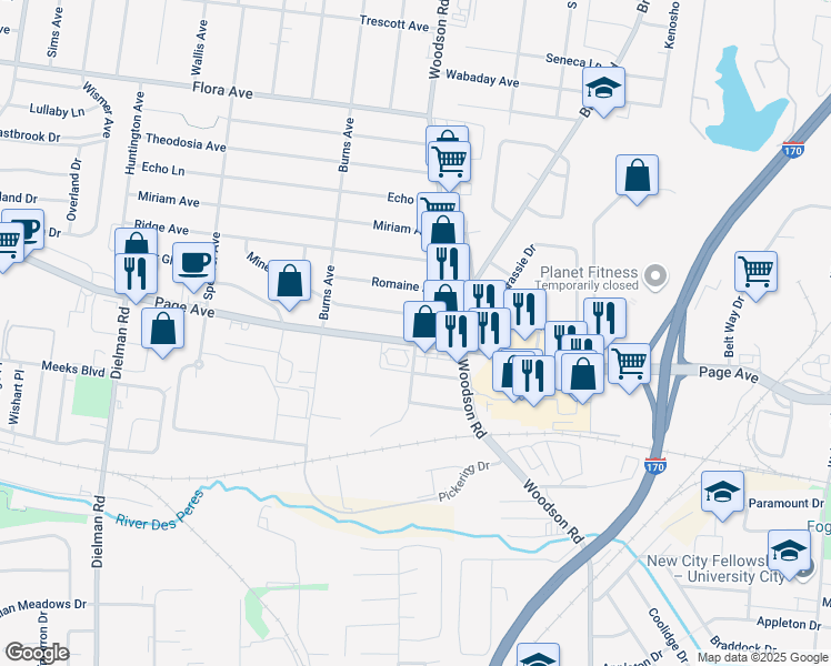 map of restaurants, bars, coffee shops, grocery stores, and more near 9430 Minerva Avenue in Overland
