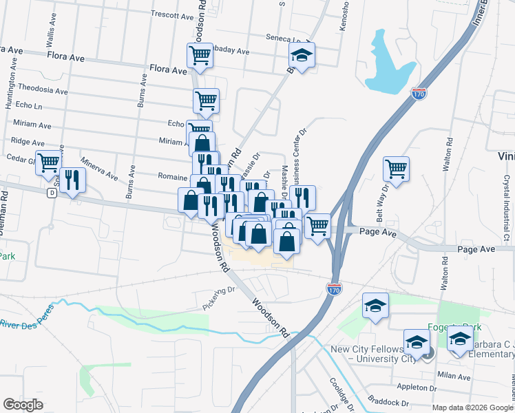 map of restaurants, bars, coffee shops, grocery stores, and more near 9041 Link Drive in Overland