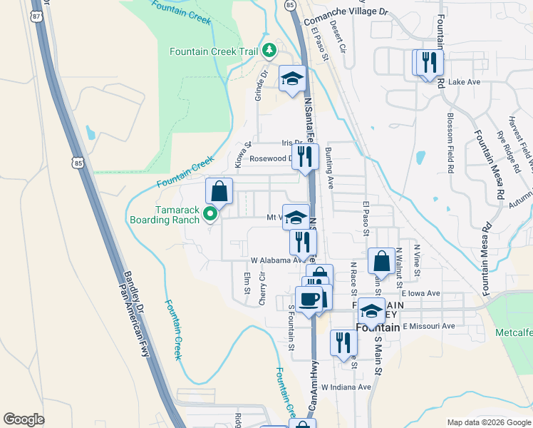 map of restaurants, bars, coffee shops, grocery stores, and more near 609 Buena Ventura Street in Fountain