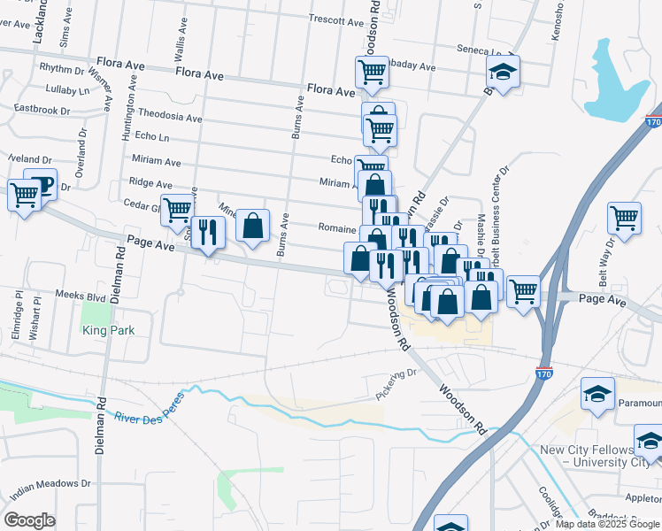 map of restaurants, bars, coffee shops, grocery stores, and more near 9433 Page Avenue in St. Louis