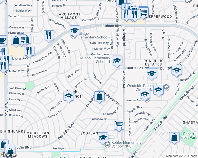map of restaurants, bars, coffee shops, grocery stores, and more near 6518 Whitsett Drive in North Highlands