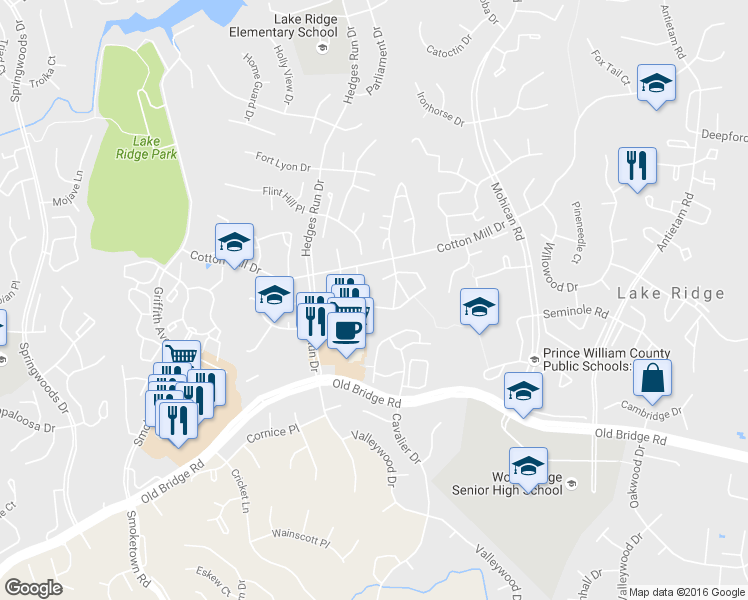 map of restaurants, bars, coffee shops, grocery stores, and more near 12318 Cinnamon Street in Woodbridge