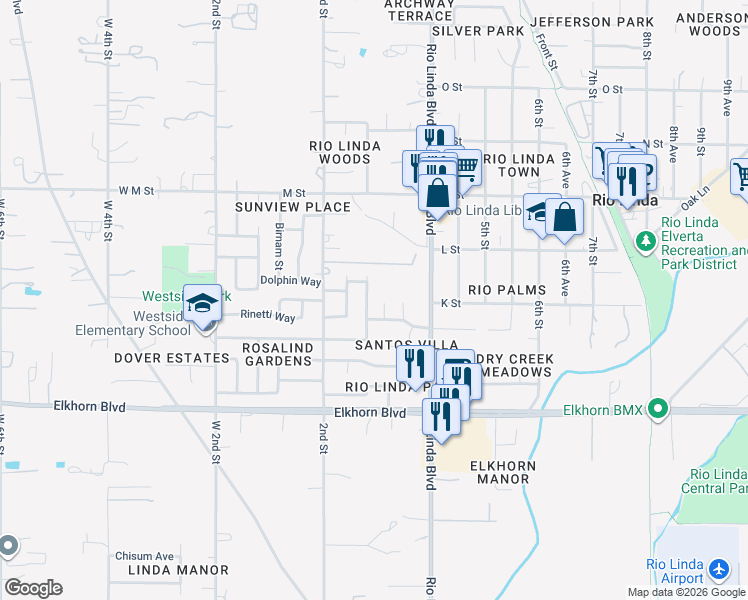 map of restaurants, bars, coffee shops, grocery stores, and more near 320 Withington Avenue in Rio Linda