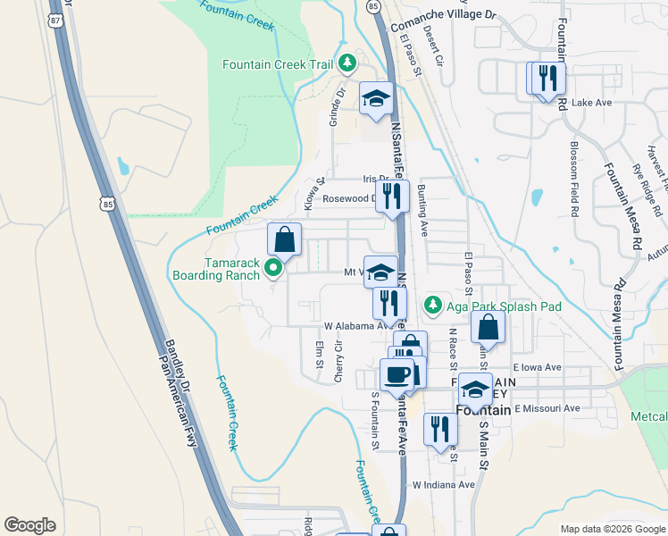map of restaurants, bars, coffee shops, grocery stores, and more near 609 Buena Ventura Street in Fountain