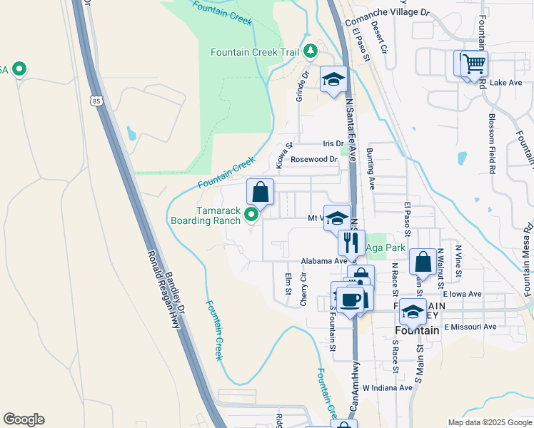 map of restaurants, bars, coffee shops, grocery stores, and more near 437 Mount View Lane in Fountain