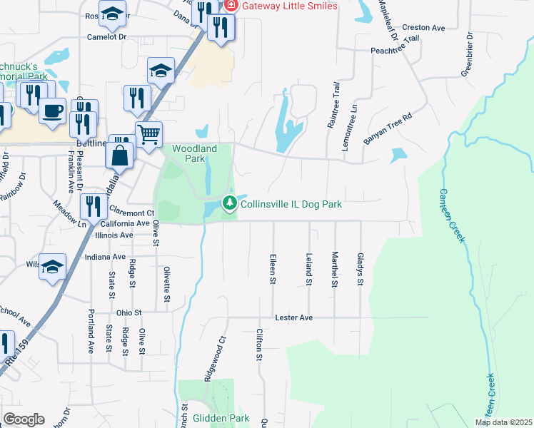 map of restaurants, bars, coffee shops, grocery stores, and more near 1031 California Avenue in Collinsville