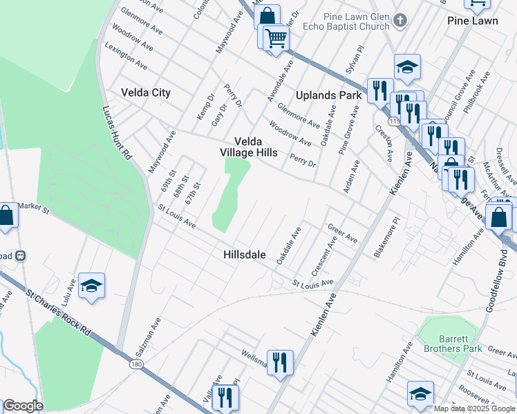 map of restaurants, bars, coffee shops, grocery stores, and more near 2156 Erick Avenue in St. Louis