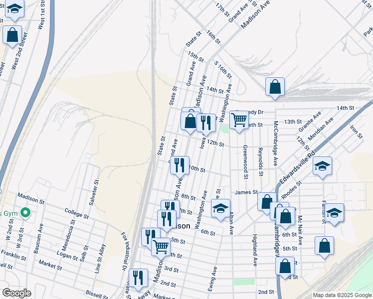 map of restaurants, bars, coffee shops, grocery stores, and more near 1113 Madison Avenue in Madison