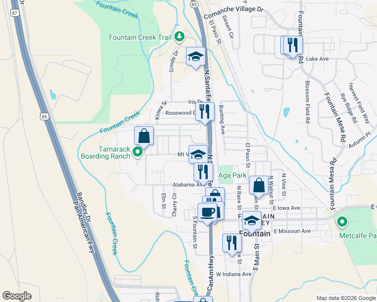 map of restaurants, bars, coffee shops, grocery stores, and more near 314 Linda Vista Drive in Fountain