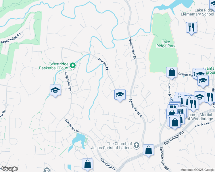 map of restaurants, bars, coffee shops, grocery stores, and more near 12280 Dapple Gray Court in Woodbridge