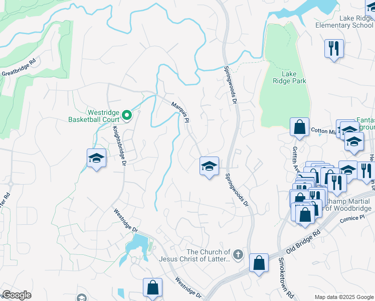 map of restaurants, bars, coffee shops, grocery stores, and more near 12280 Dapple Gray Court in Woodbridge
