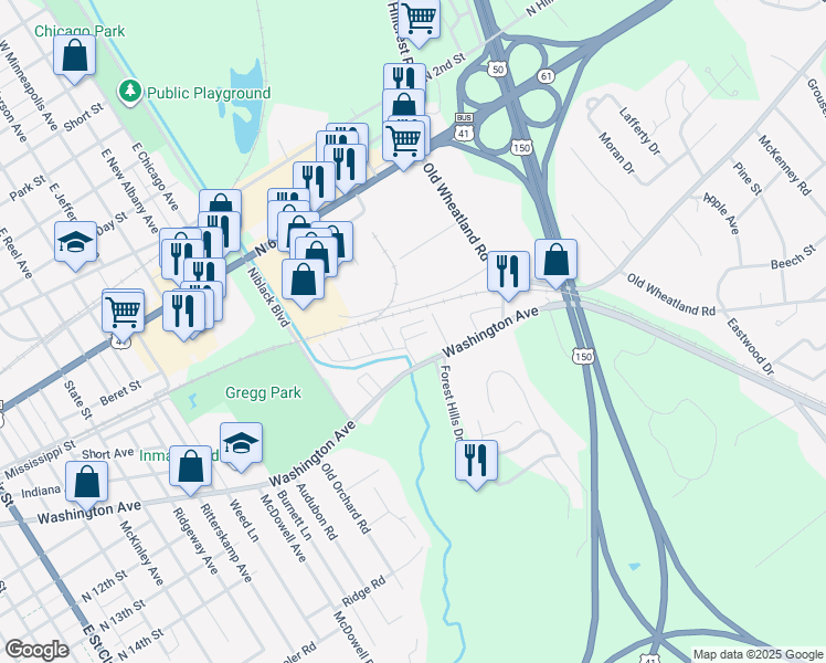 map of restaurants, bars, coffee shops, grocery stores, and more near 102 Landrey Drive in Vincennes