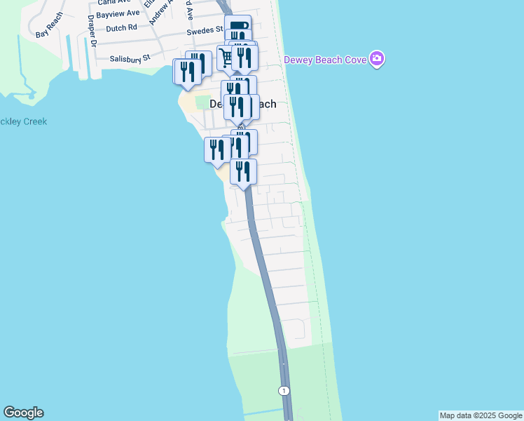 map of restaurants, bars, coffee shops, grocery stores, and more near 36 Collins Street in Dewey Beach