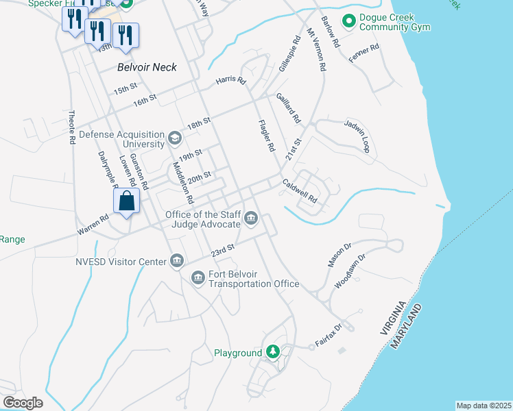 map of restaurants, bars, coffee shops, grocery stores, and more near 2468 Belvoir Drive in Fort Belvoir