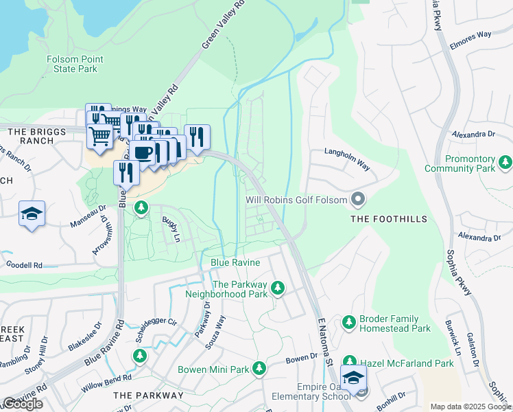 map of restaurants, bars, coffee shops, grocery stores, and more near 102 Cezanne Lane in Folsom