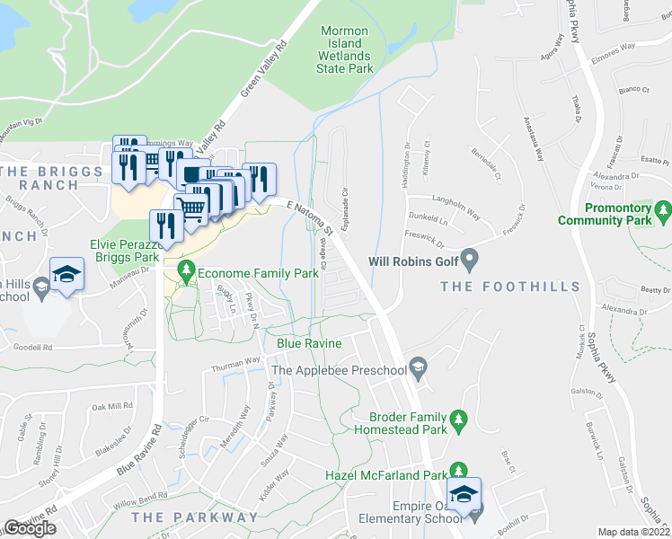 map of restaurants, bars, coffee shops, grocery stores, and more near 204 Monet Way in Folsom