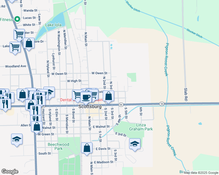 map of restaurants, bars, coffee shops, grocery stores, and more near 245 North 3rd Street in Scottsburg