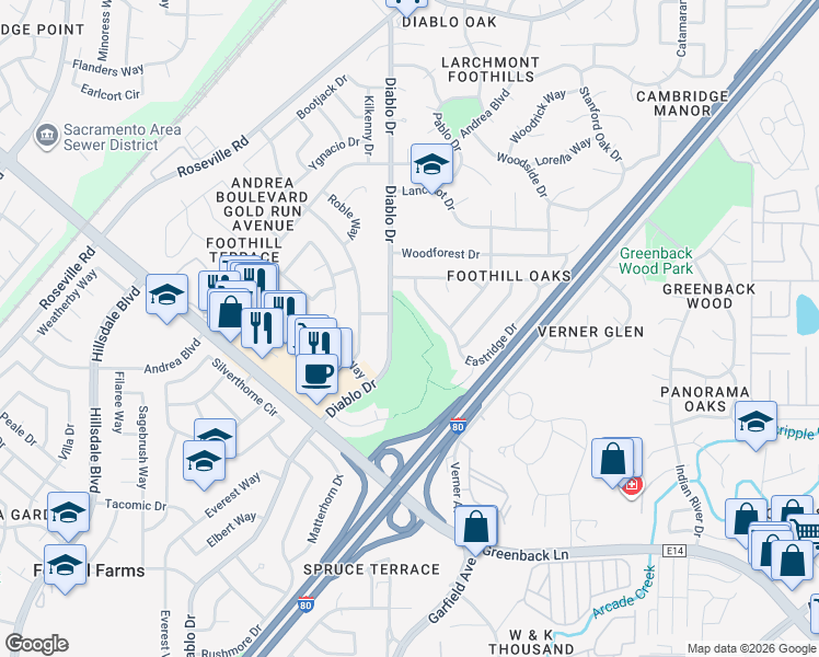map of restaurants, bars, coffee shops, grocery stores, and more near 5510 Diablo Drive in Sacramento