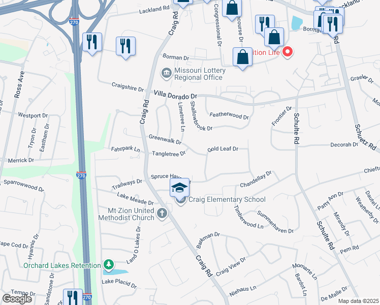 map of restaurants, bars, coffee shops, grocery stores, and more near 11930 Greenwalk Drive in St. Louis