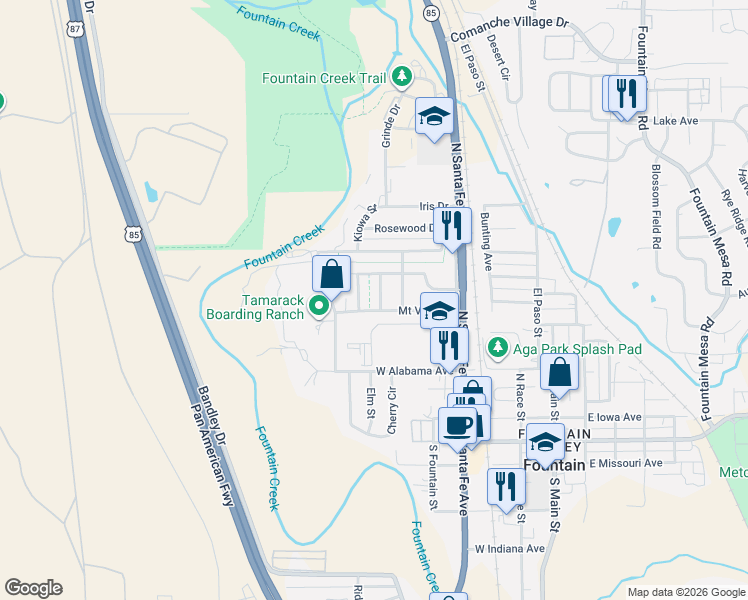 map of restaurants, bars, coffee shops, grocery stores, and more near 608 Kiowa Street in Fountain
