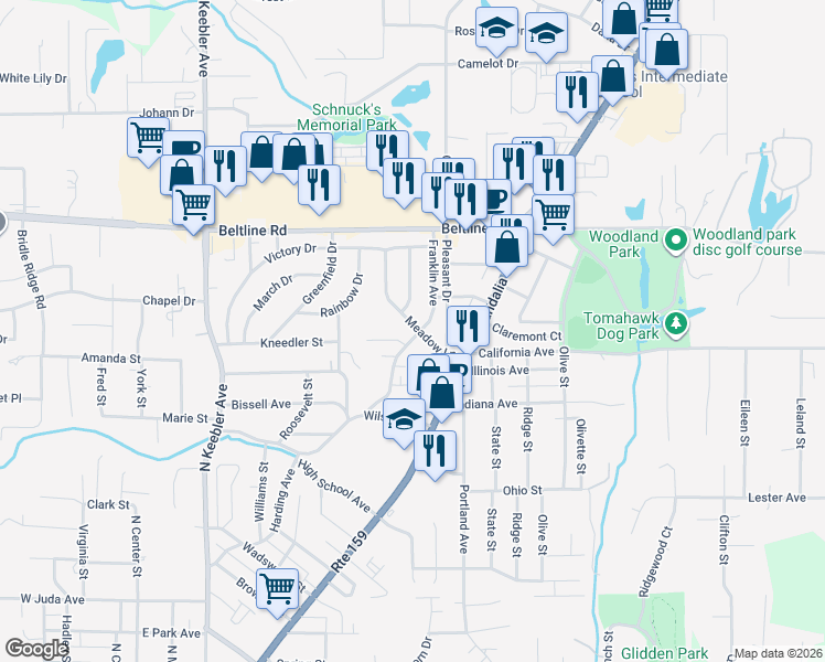 map of restaurants, bars, coffee shops, grocery stores, and more near 1403 Franklin Avenue in Collinsville