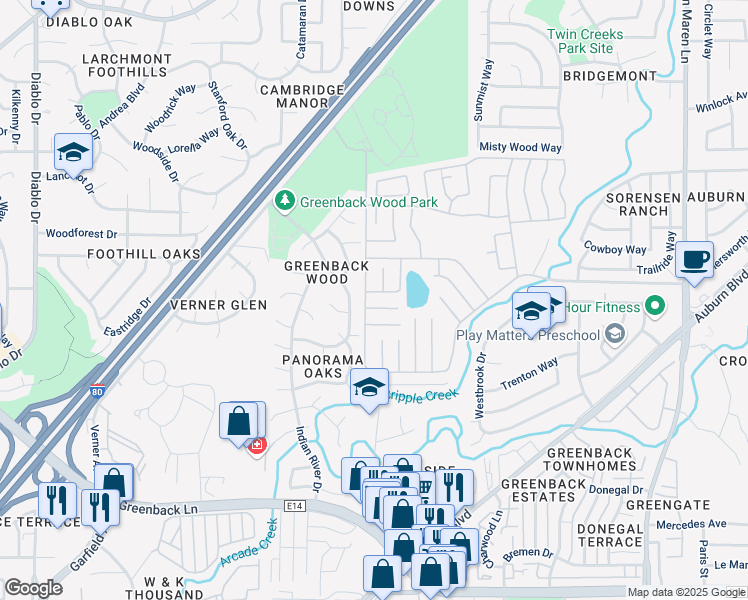 map of restaurants, bars, coffee shops, grocery stores, and more near 6105 Meiggs Court in Citrus Heights