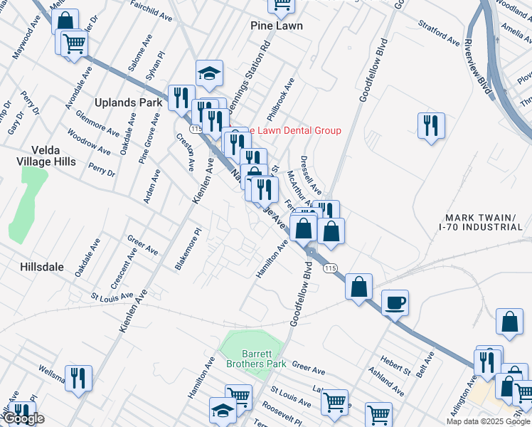 map of restaurants, bars, coffee shops, grocery stores, and more near 5950 Natural Bridge Avenue in St. Louis